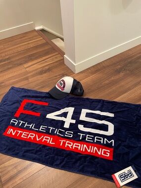 F45 Athletics Team Interval Training Towel - Navy, Red, White and hat